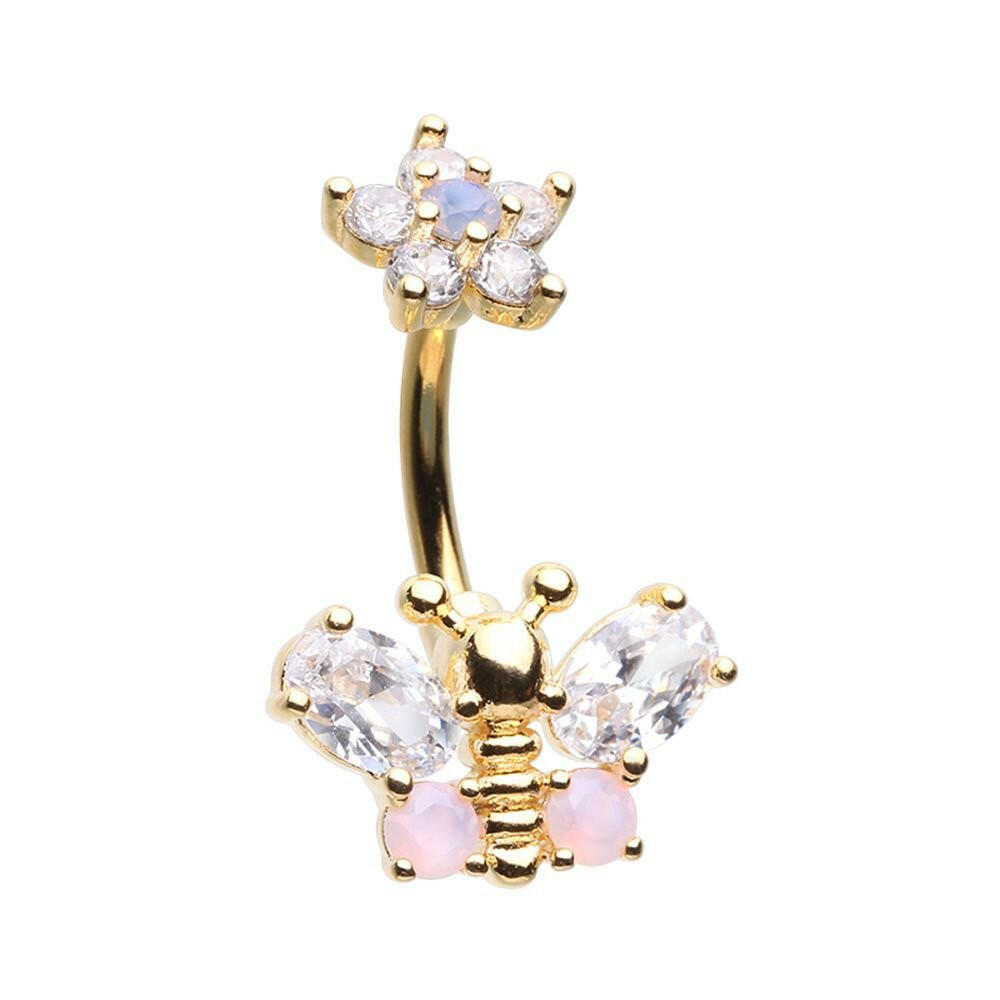 Golden Spring Floral Butterfly Cubic Zirconia Belly Button Ring Navel Ring Impulse Piercings