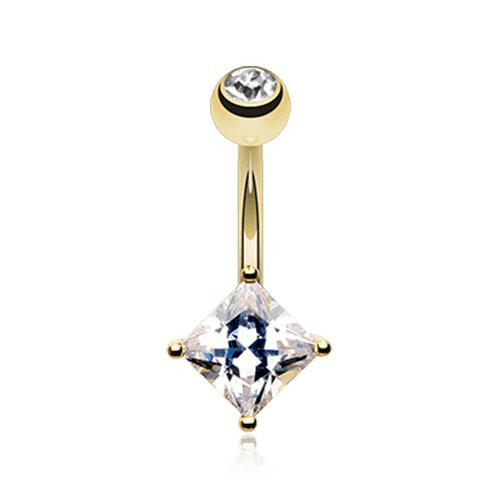 Golden Square Gem Prong Sparkle Cubic Zirconia Belly Button Ring Navel Ring Impulse Piercings