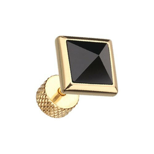 Golden Square Onyx Pyramid Stone Steel Fake Plug Fake Plug Impulse Piercings 16 gauge (1.2mm) Black