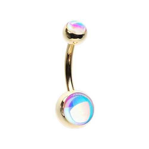 Golden Synthetic Moonstone Double Ball Inlay Steel Belly Button Ring Navel Ring Impulse Piercings