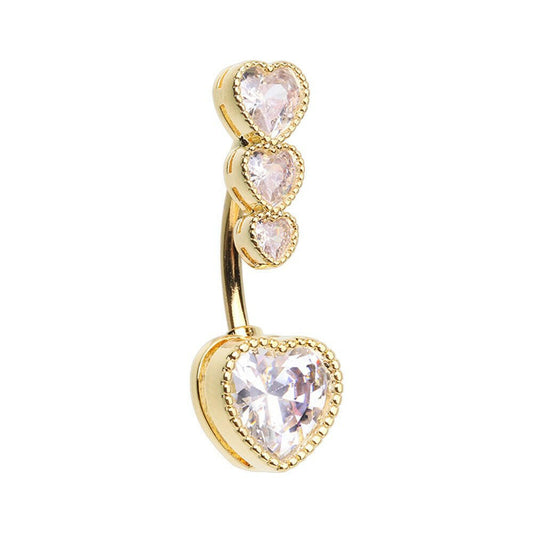 Golden Three Heart CZ Drop Cubic Zirconia Belly Button Navel Ring Belly Button Ring Impulse Piercings