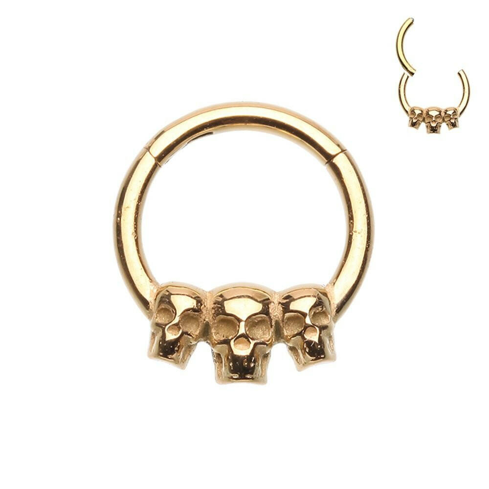 Golden Triple Skull Steel Seamless Hinged Clicker Ring Septum Ring Impulse Piercings