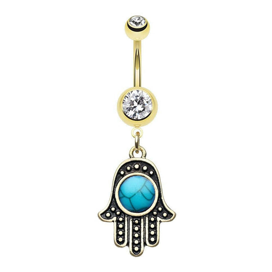 Golden Turquoise Hamsa Belly Button Ring Navel Ring Impulse Piercings