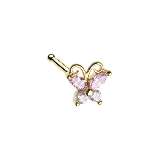 Golden Vintage Rose Pink Butterfly Nose Stud Ring Nose Ring Impulse Piercings