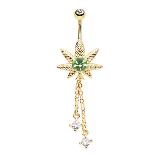 Golden Your Royal Highness Cannabis Pot Leaf Dangle Belly Button Ring belly ring Impulse Piercings