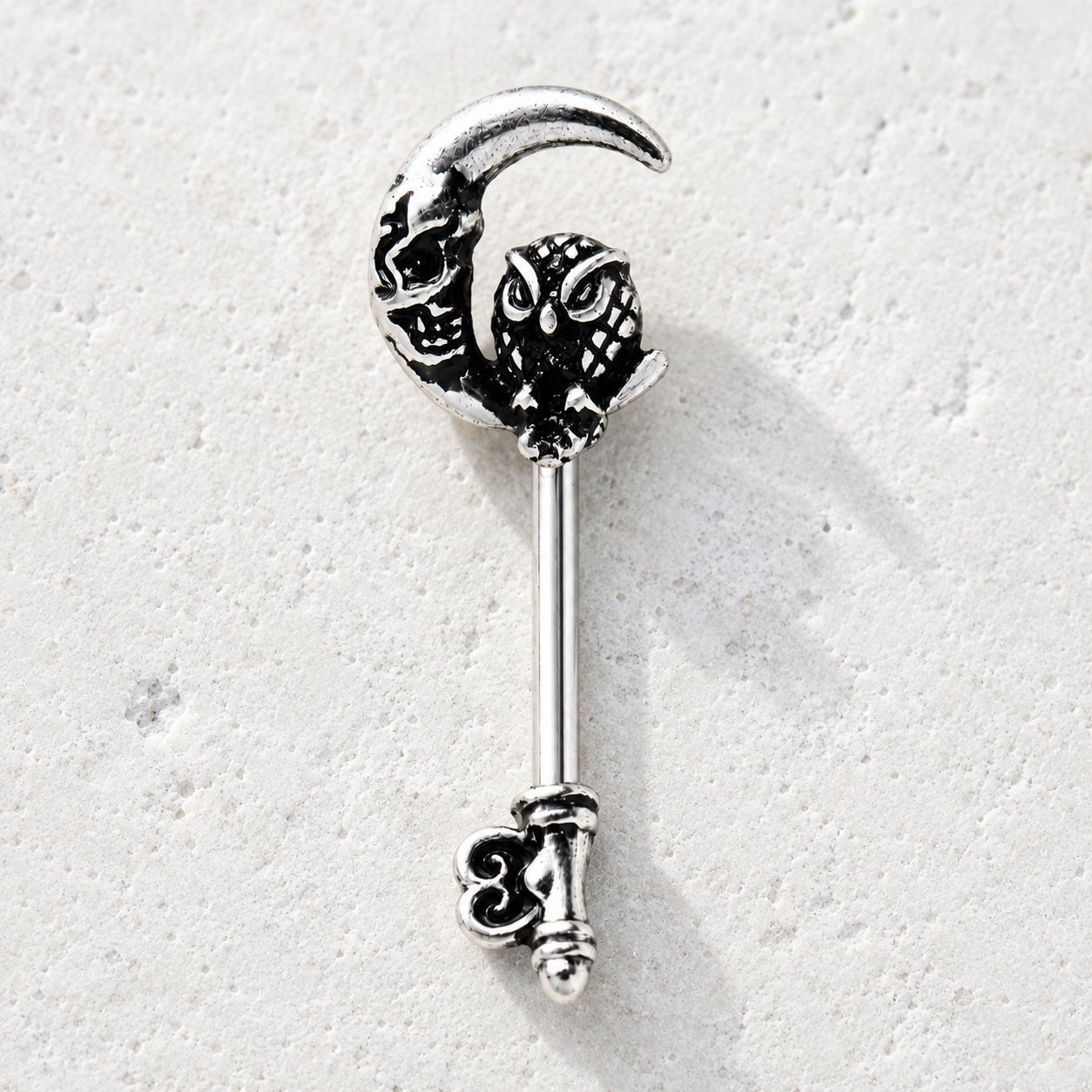 Gothic Owl Moon Skeleton Key Navel Ring 14G Black Plated