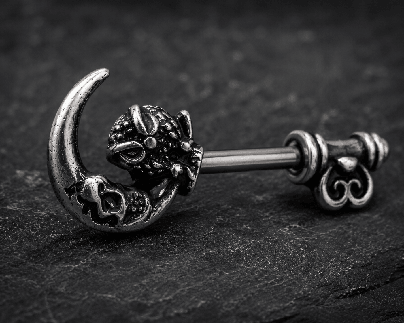 Side view of gothic owl moon skeleton key nipple barbell, 14G externally threaded 316L stainless steel pair