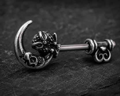 Side view of gothic owl moon skeleton key nipple barbell, 14G externally threaded 316L stainless steel pair