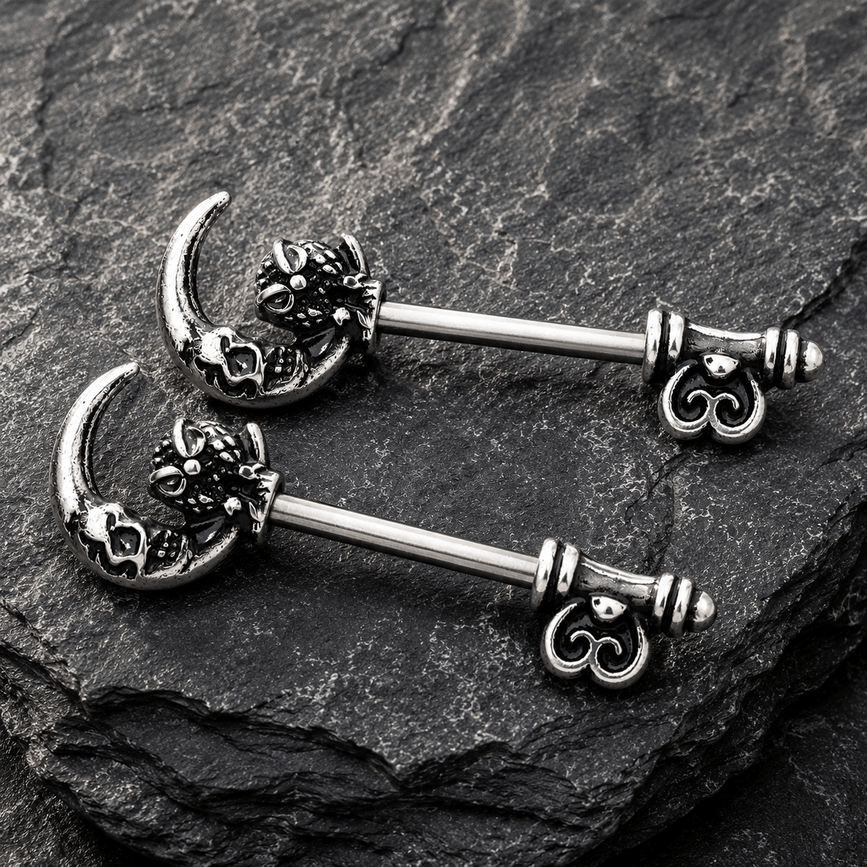 Gothic owl moon skeleton key nipple bar 14G pair, 316L stainless steel zinc alloy, dark alternative body jewelry