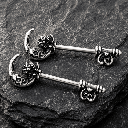 Gothic owl moon skeleton key nipple bar 14G pair, 316L stainless steel zinc alloy, dark alternative body jewelry