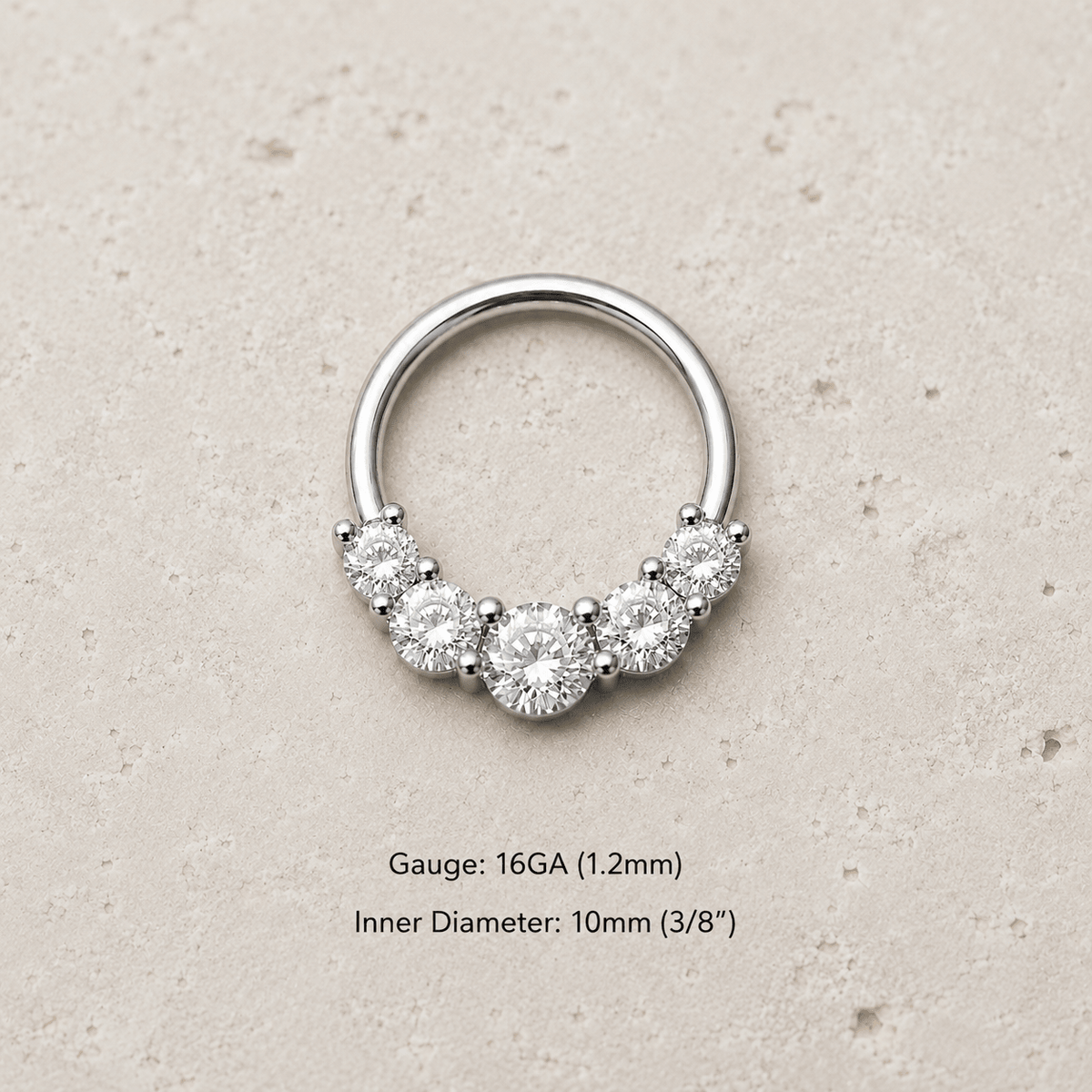 Grand Cubic CZ Seamless Ring 16G 5 Prong Set 316L Steel - Skin Metals