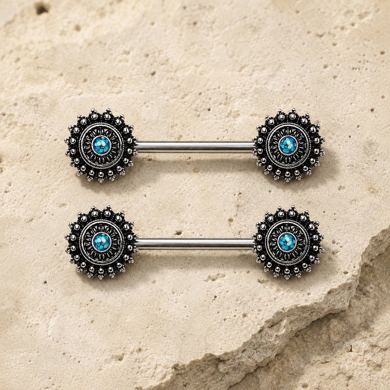Green opal ornate nipple bar 14G pair, partial black plated 316L stainless steel mystical body jewelry
