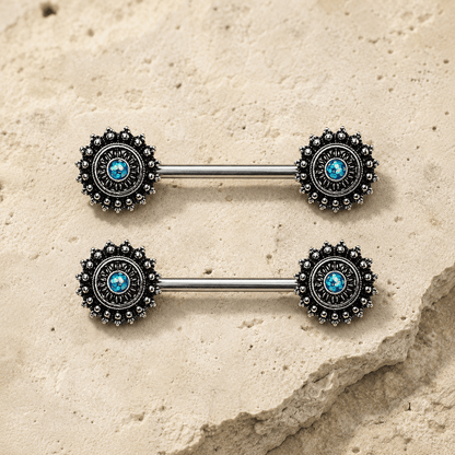 Green opal ornate nipple bar 14G pair, partial black plated 316L stainless steel mystical body jewelry
