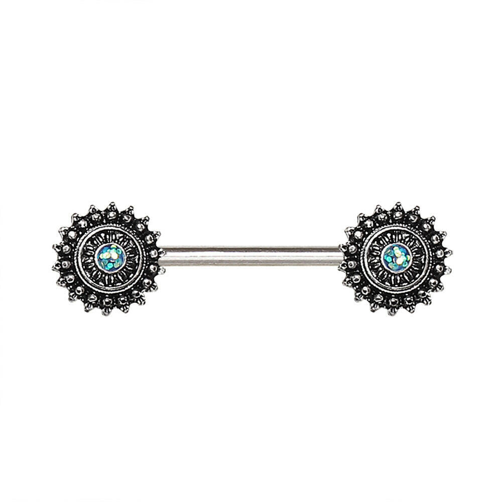 Stainless Steel Green Synthetic Opal Ornate Nipple Bar Nipple Ring 