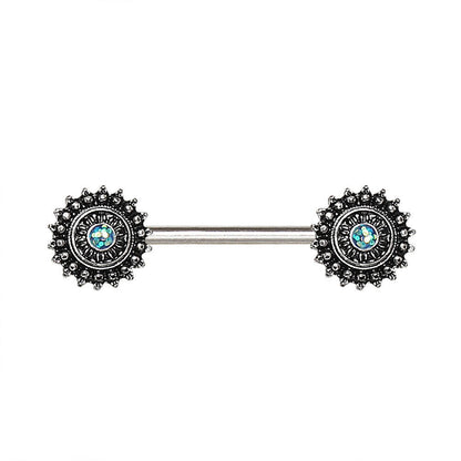 Stainless Steel Green Synthetic Opal Ornate Nipple Bar Nipple Ring 