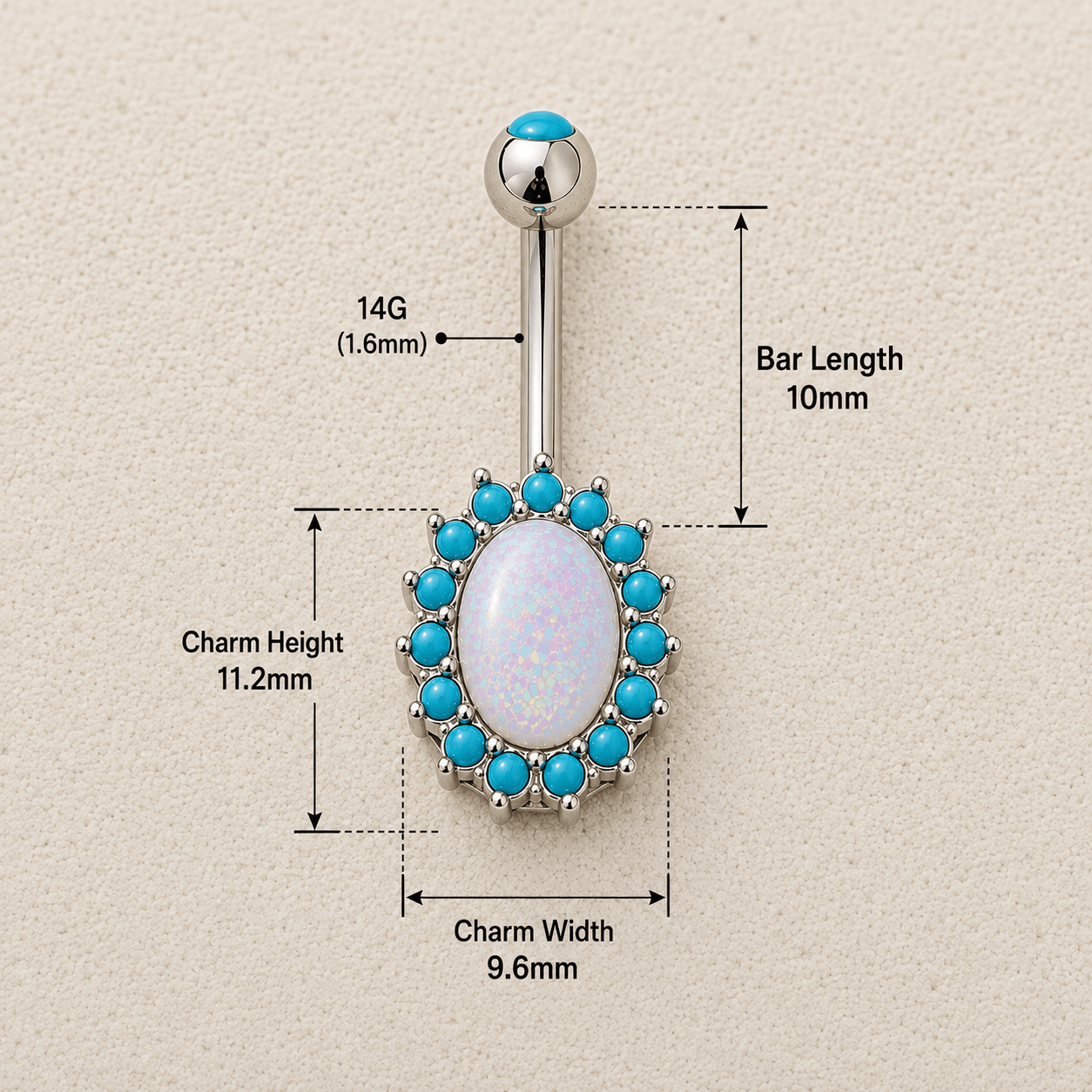 Belly button ring with turquoise stones and opal center, shown with measurements on a beige background.
