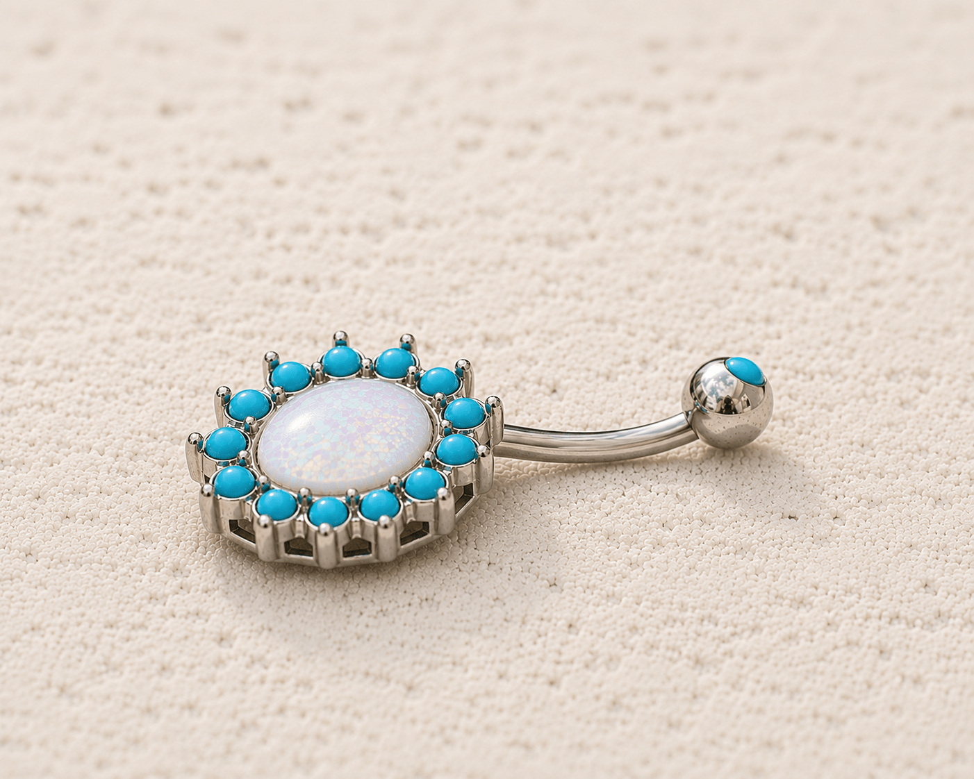 Stainless Steel Halo White Synthetic Opal Navel Ring - Skin Metals