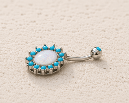 Stainless Steel Halo White Synthetic Opal Navel Ring - Skin Metals