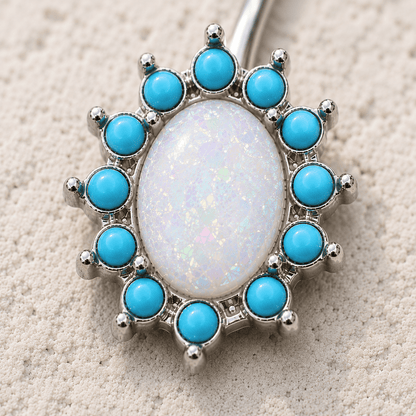 Stainless Steel Halo White Synthetic Opal Navel Ring - Skin Metals