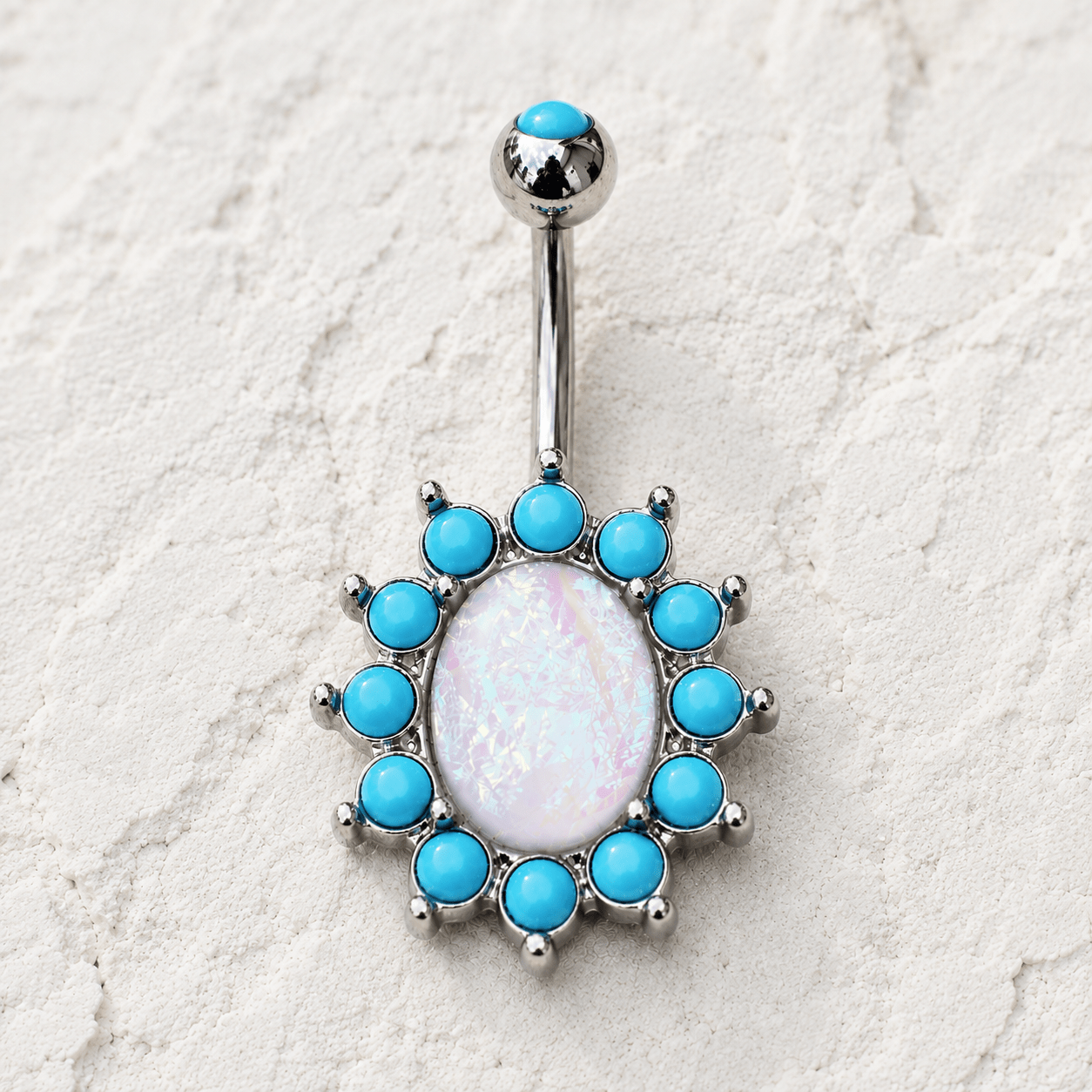 Stainless Steel Halo White Synthetic Opal Navel Ring - Skin Metals