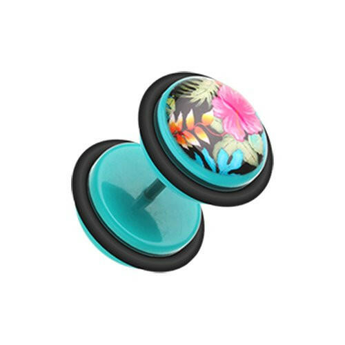 Hawaiian Luau Flower Acrylic Fake Plug with O-Rings Fake Plug Impulse Piercings 16 gauge (1.2mm)