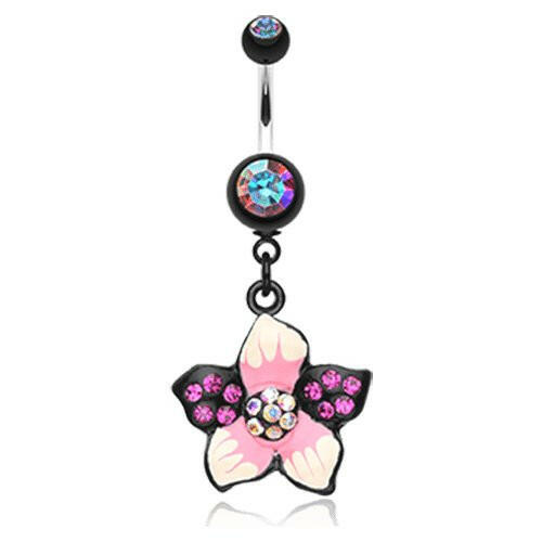 Hawaiian Luau Flower Multi-Gem Belly Button Ring Navel Ring Impulse Piercings Aurora Borealis/Fuchsia