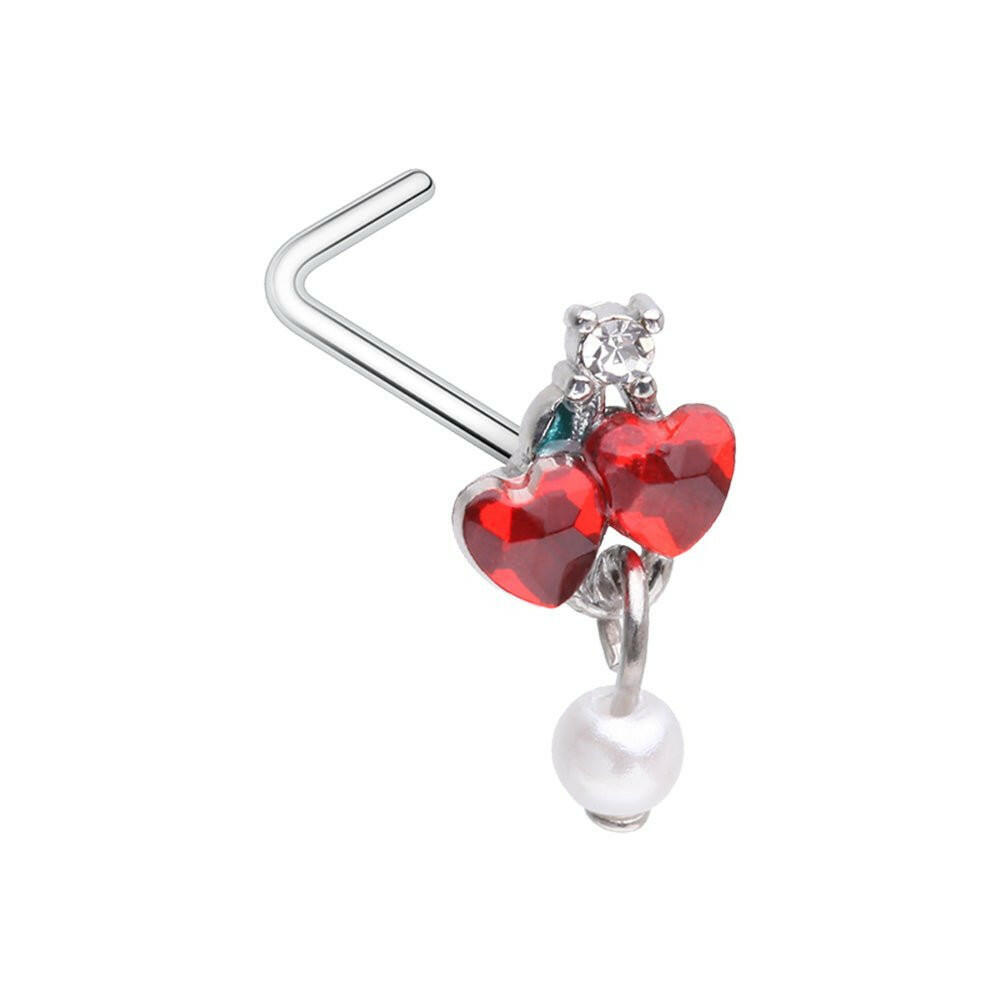 Heart Cherry Pearl Dangle L-Shape Nose Ring Nose Ring Impulse Piercings 20 GA (0.8mm) Red/White