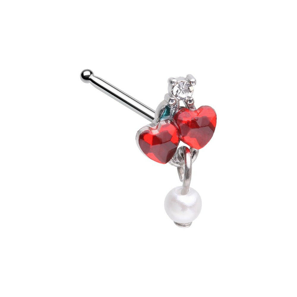 Heart Cherry Pearl Dangle Nose Stud Ring Nose Ring Impulse Piercings 20 GA (0.8mm)Red/White