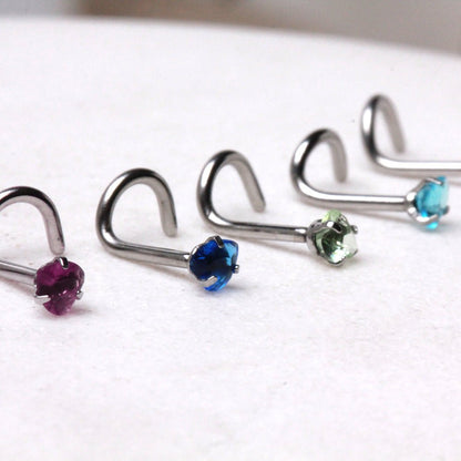 316L Stainless Steel Prong Set Heart CZ Screw Nose Ring - Skin Metals