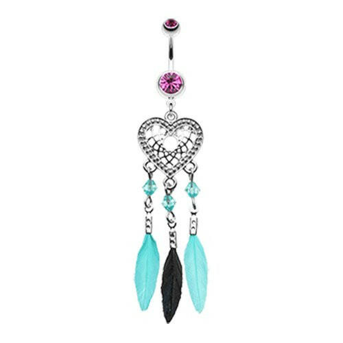 Heart Dreamcatcher Feathered Belly Button Ring Navel Ring Impulse Piercings Fuchsia