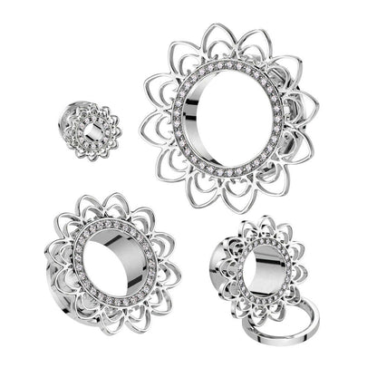 Heart Filigree Surgical Steel Screw Fit Flesh Tunnel Plug With CZ Pave Rim Tunnels Impulse Piercings