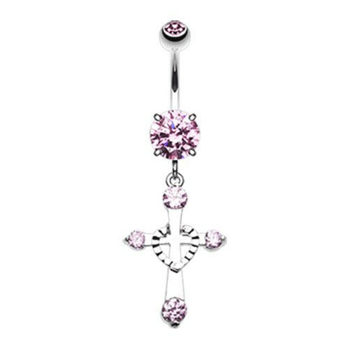 Heart in Cross Cubic Zirconia Belly Button Ring Navel Ring Impulse Piercings Pink