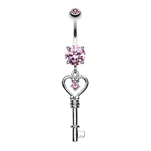 Heart Key Sparkle Cubic Zirconia Belly Button Ring Navel Ring Impulse Piercings Pink