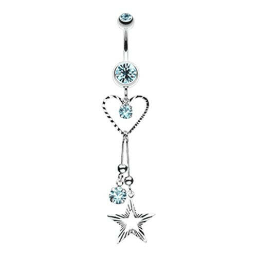 Heart & Star Sparkle Belly Button Ring Navel Ring Impulse Piercings Aqua