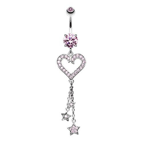 Heart Star Sparkles Cubic Zirconia Belly Button Ring Navel Ring Impulse Piercings Pink