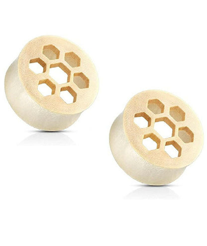 Honey Comb Cut Front Natural White Crocodile Wood Saddle Plugs Plugs Impulse Piercings 00GA (10mm)