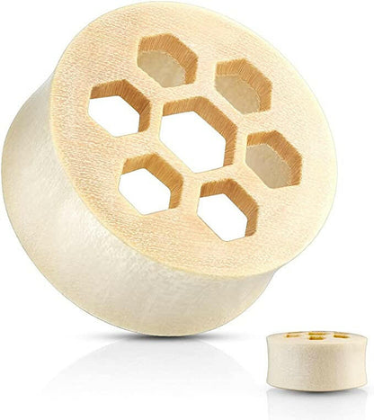 Honey Comb Cut Front Natural White Crocodile Wood Saddle Plugs Plugs Impulse Piercings