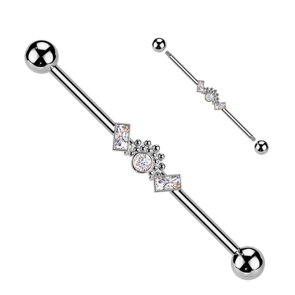 Surgical Steel Double Baguette CZ Ends With Ball Clusters And Round CZ Center Industrial Barbell Industrial Barbell Skin Metals
