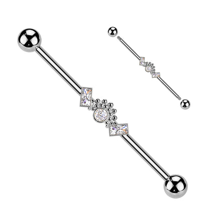 Surgical Steel Double Baguette CZ Ends With Ball Clusters And Round CZ Center Industrial Barbell Industrial Barbell Skin Metals
