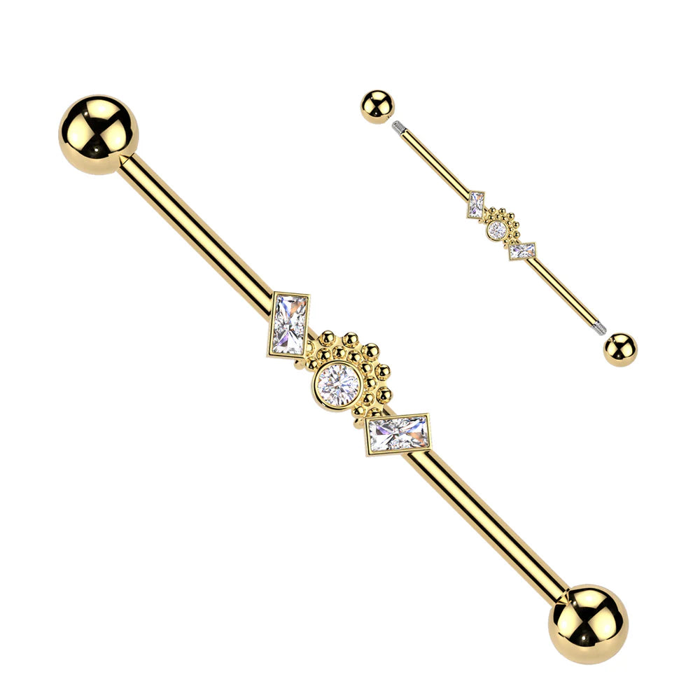 Surgical Steel Double Baguette CZ Ends With Ball Clusters And Round CZ Center Industrial Barbell Industrial Barbell Skin Metals