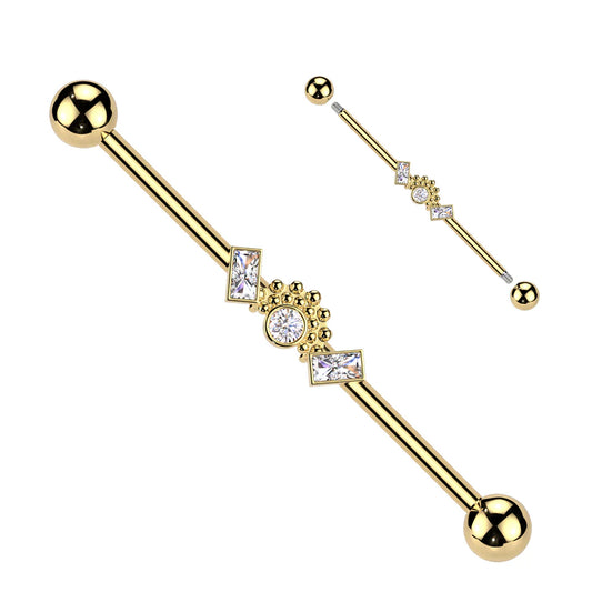 Surgical Steel Double Baguette CZ Ends With Ball Clusters And Round CZ Center Industrial Barbell Industrial Barbell Skin Metals