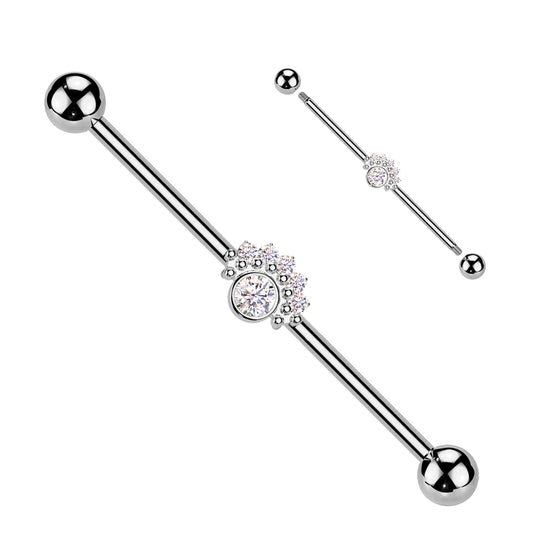 Surgical Steel CZ Fan With Big Round CZ Center Industrial Barbell Industrial Barbell Skin Metals