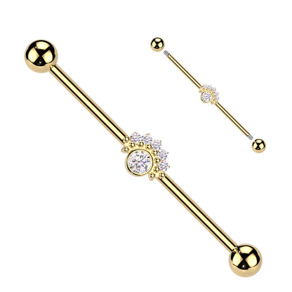 Surgical Steel CZ Fan With Big Round CZ Center Industrial Barbell Industrial Barbell Skin Metals