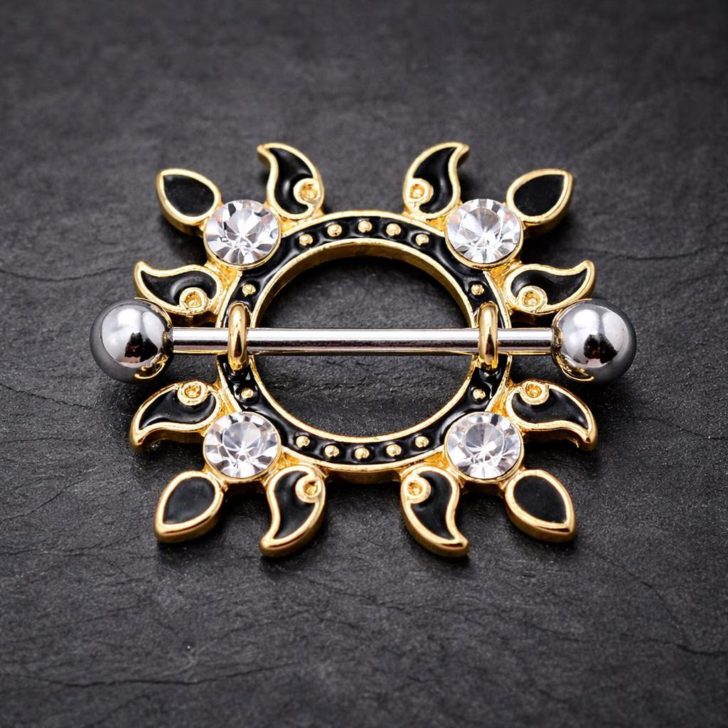 Gold Plated Jeweled Flaming Sun Nipple Shield Nipple Ring Skin Metals