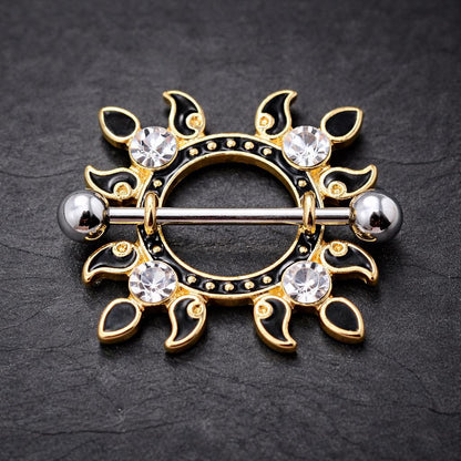 Gold Plated Jeweled Flaming Sun Nipple Shield Nipple Ring Skin Metals