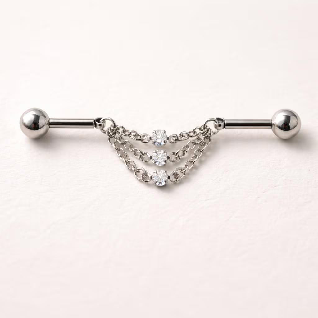 Stainless Steel Jeweled Triple Chain Industrial Barbell Industrial Barbell Impulse Piercings