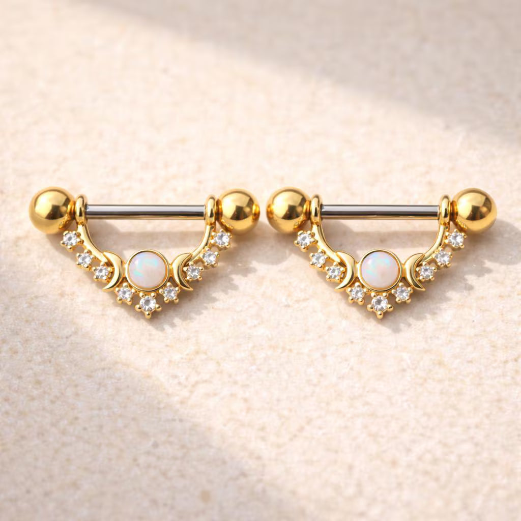 Gold Plated Multi Jeweled Moon and Stars Nipple Shield - Skin Metals