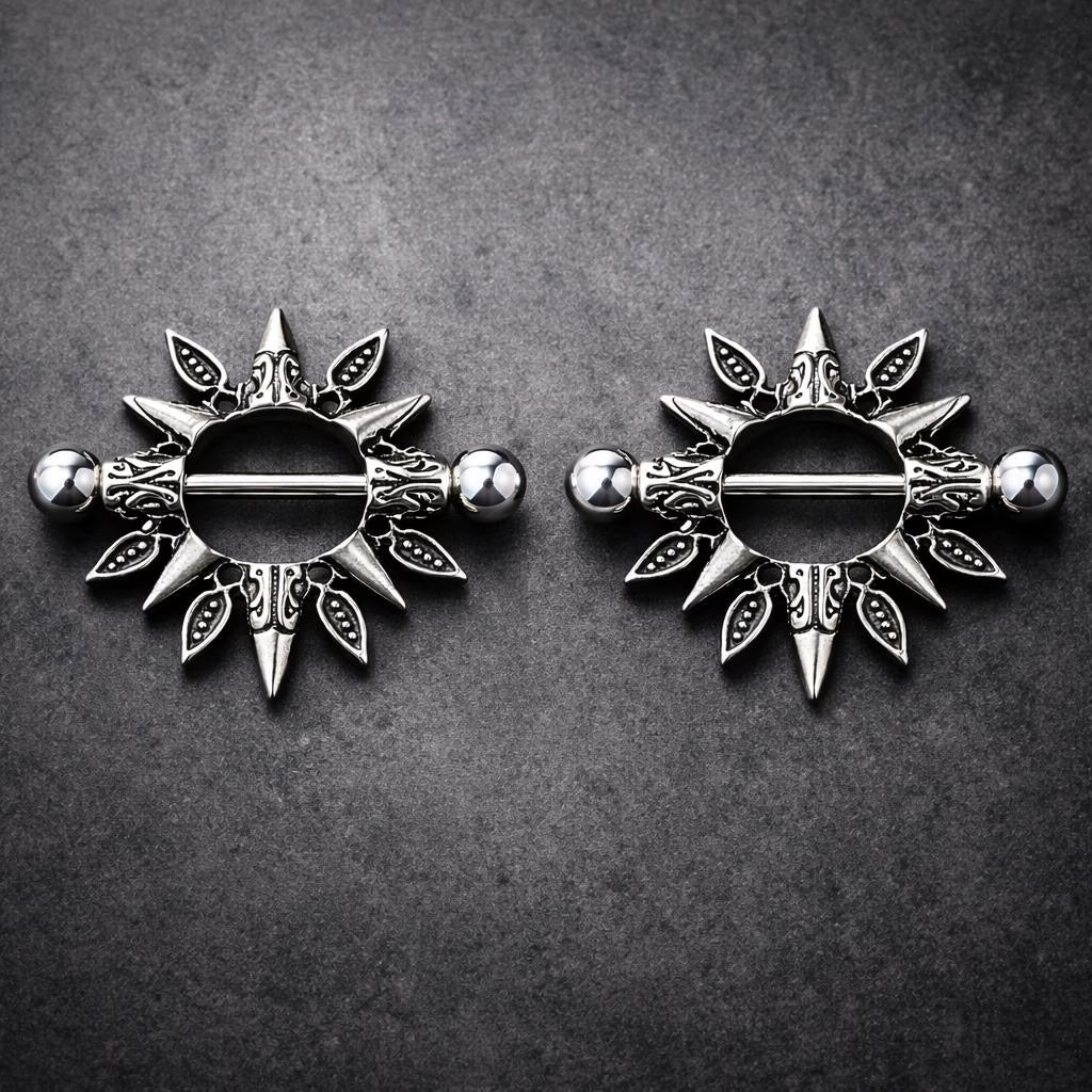 Stainless Steel Tribal Design Sunburst Nipple Shield - Skin Metals