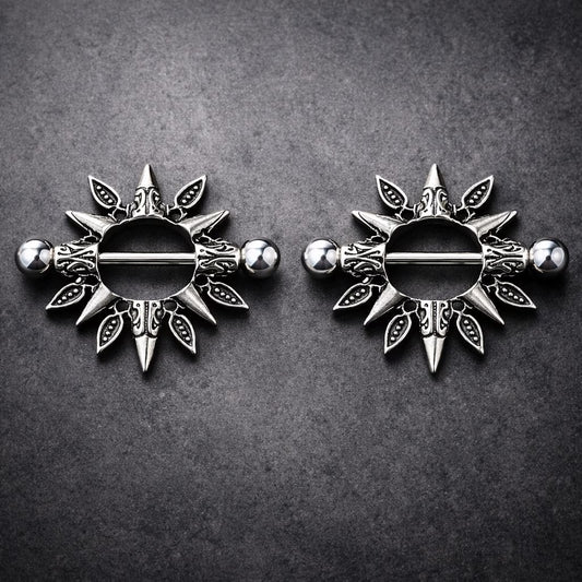 Stainless Steel Tribal Design Sunburst Nipple Shield - Skin Metals