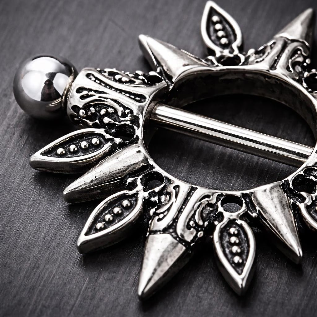 Stainless Steel Tribal Design Sunburst Nipple Shield - Skin Metals